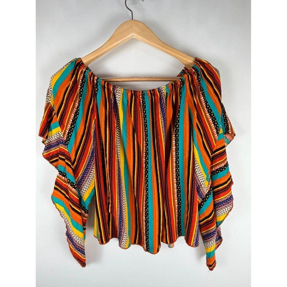 Multicolor Stripe Smocked Crop Top Medium Off Shoulder Flutter Sleeve